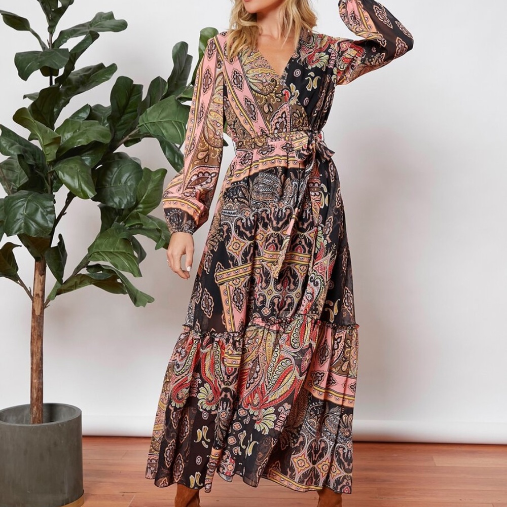 Boho paisley print v neck sheer long sleeve maxi dress - Picture 6 of 6